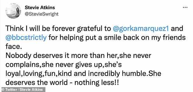 Positive Wirkung: Ihre Freundin schrieb: „Ich denke, ich werde @gorkamarquez1 und @bbcstrictly für immer dankbar sein, dass sie dazu beigetragen haben, ein Lächeln auf das Gesicht meiner Freundin zu zaubern