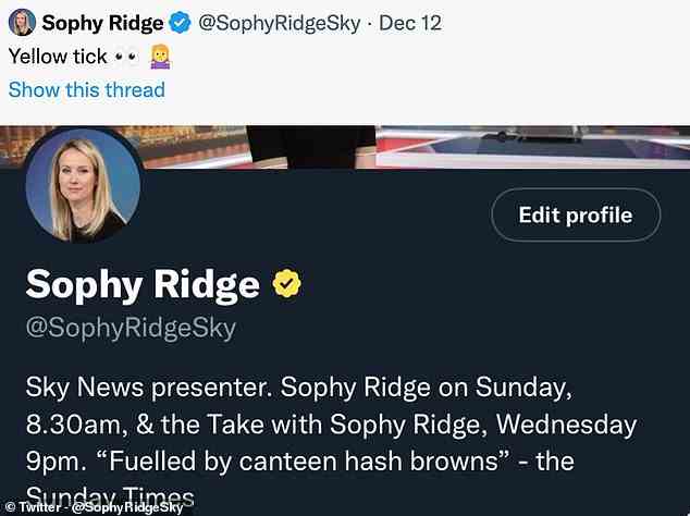 Beim Rollout gab es jedoch einen kleinen Schluckauf, als Sky News-Moderatorin Sophy Ridge kurzzeitig ein goldenes statt eines blauen Häkchens erhielt (im Bild), obwohl dies später behoben wurde