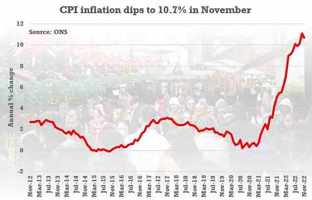 Going down: The headline CPI rate fell from the eye-watering 11.1% recorded in October, and further than the 10.9% analysts had expected