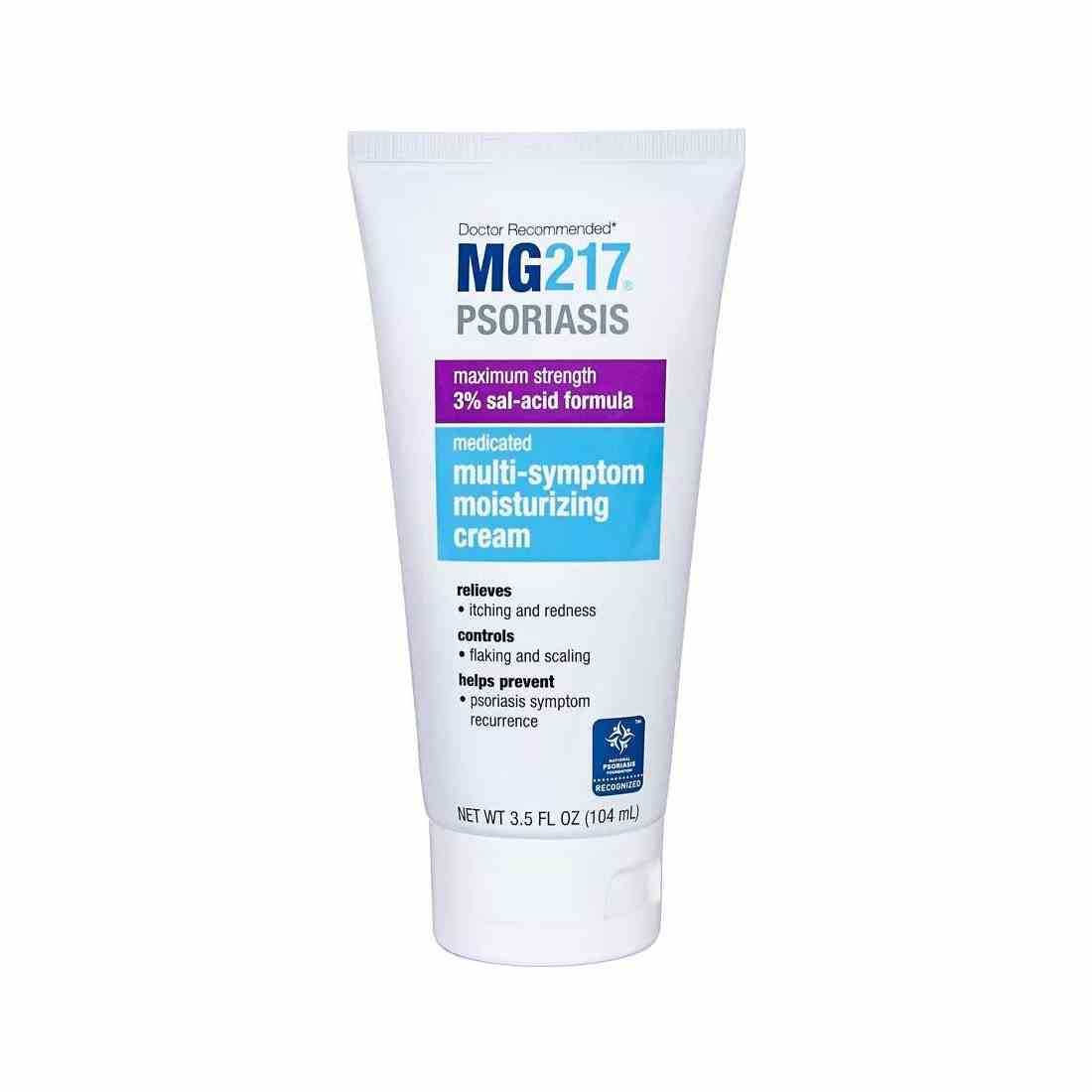 MG217 Psoriasis-Creme 3 % Salicylsäure Multi-Symptom Feuchtigkeitscreme weiße Tube mit violettem und blauem Etikett auf weißem Hintergrund