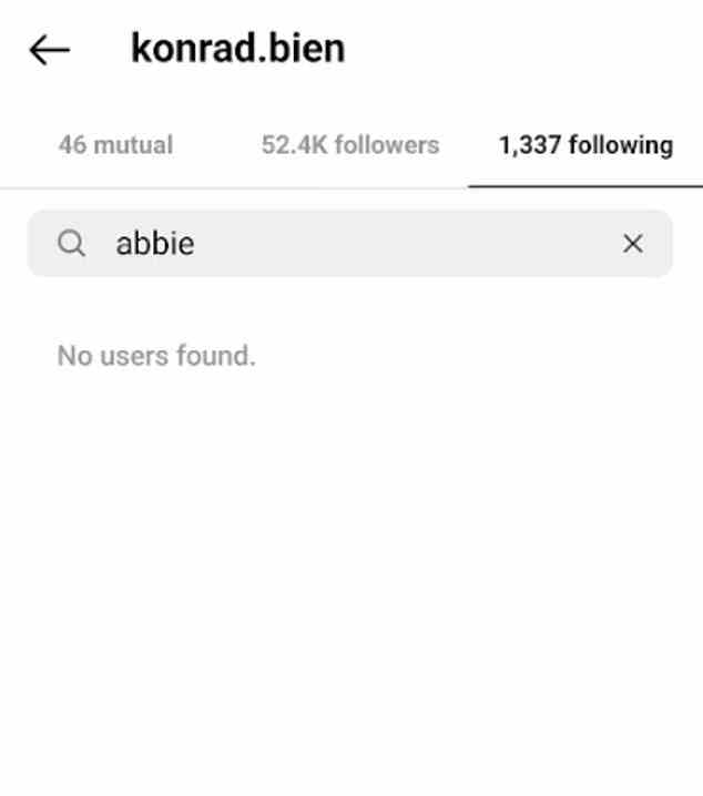 Tellingly, Konrad also appears to have unfollowed his former flame on Instagram (pictured); however, it is unclear whether he did this before or after her dispute with Brittany