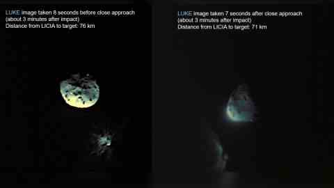 Der italienische CubeSat LICIACube nahm diese Bilder etwa 3 Minuten nach dem Aufprall von DART auf Dimorphos auf. 