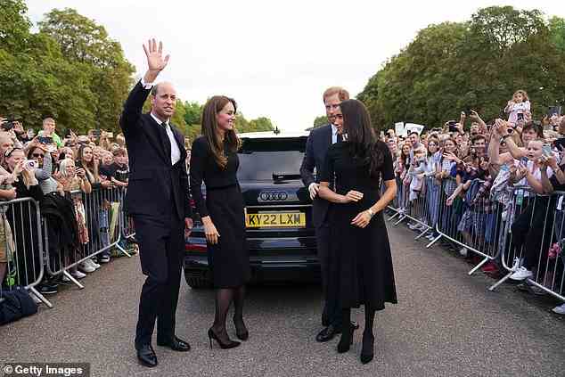 The Cambridges and the Sussexes meet the public on the long Walk at Windsor Catle on September 10 after the death of the Queen