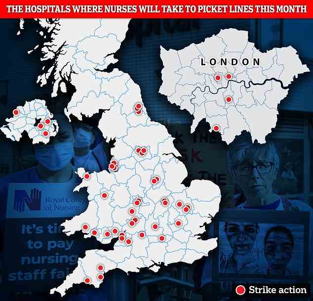 Streiks: Diese Karte zeigt die Krankenhäuser, in denen das Royal College of Nursing am Donnerstag, den 15. und Dienstag, den 20. Dezember seine ersten Streiks wegen Bezahlung durchführen wird