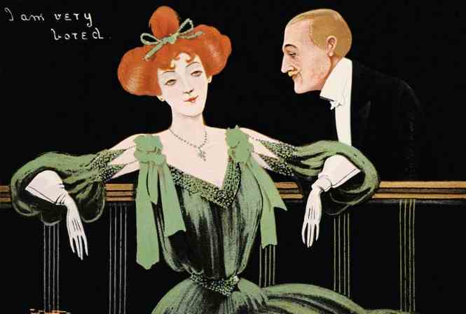 Eine Vintage Illustration eines Mannes und einer Frau in formeller Kleidung, mit dem Titel 