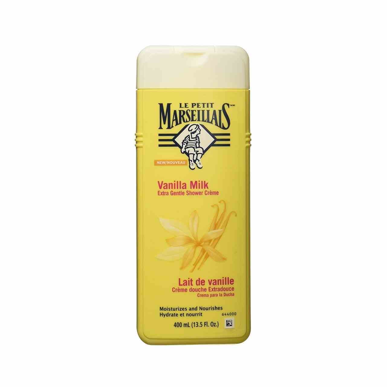Le Petit Marseillas Extra Gentle Shower Creme gelbe Flasche auf weißem Hintergrund
