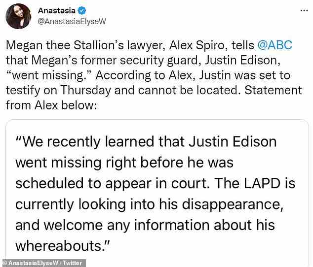 Megan's attorney, Alex Shapiro, released the statement: 'We recently learned that Justin Edison went missing right before he was scheduled to appear in court. The LAPD is currently looking into his disappearance, and welcome any information about his whereabouts'
