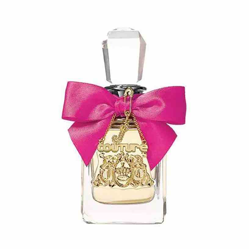 Juicy Couture Viva La Juicy Eau de Parfum Flasche Parfüm mit rosa Schleife auf weißem Hintergrund