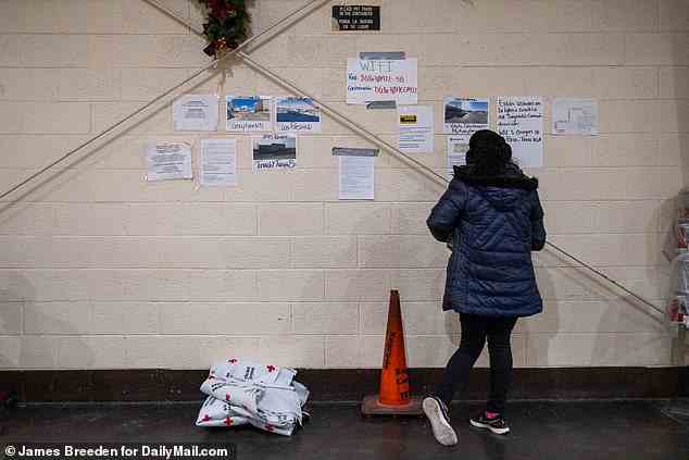 Ein Migrant sieht sich am 17. Dezember Flyer an, die an einer Wand in einem Tierheim in El Paso angebracht sind