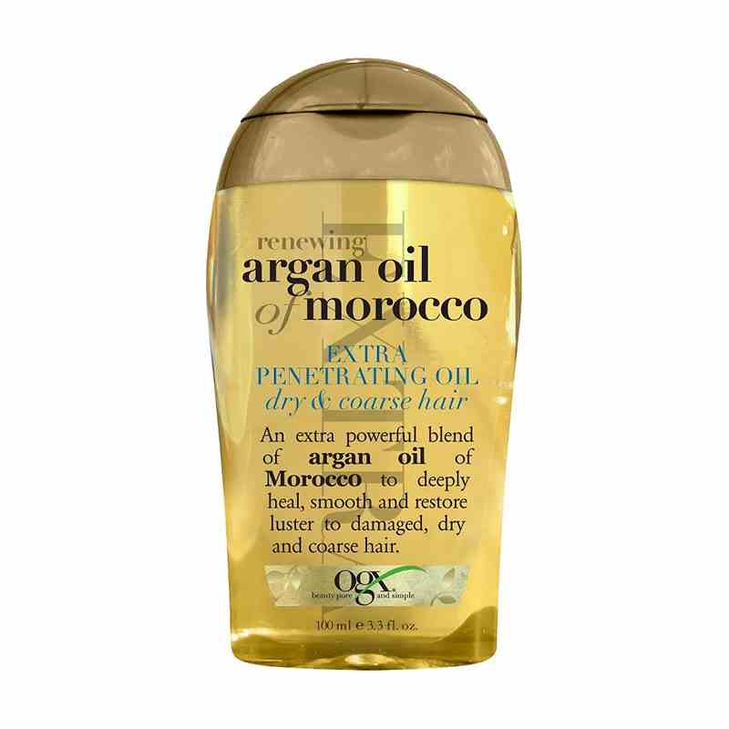 OGX Renewing + Argan Oil of Morocco Extra Penetrating Oil Plastikflasche mit gelbem Öl auf weißem Hintergrund