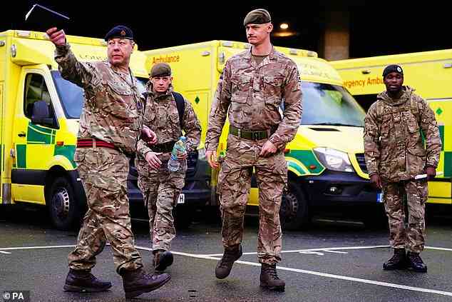 Military personnel from the Household Division take part in ambulance driver training at Wellington Barracks in London, as they prepare to provide cover for ambulance workers on December 21 and 28