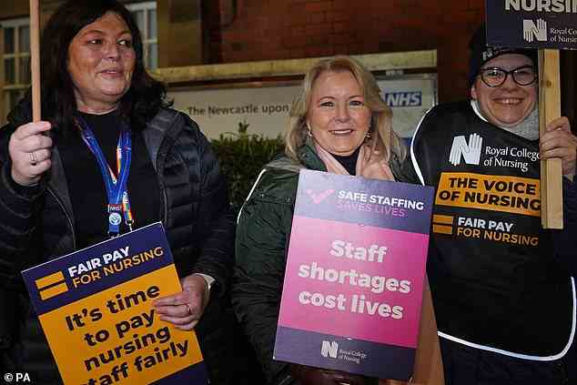 NEWCASTLE: Royal College of Nursing (RCN) General Secretary Pat Cullen, centre, joins members of the RCN on the picket line outside the Royal Victoria Infirmary in Newcastle today