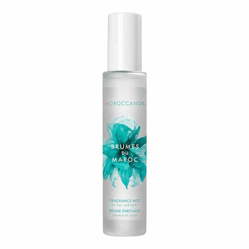 Moroccanoil Hair & Body Fragrance Mist weiße Flasche mit blauem Blumenmuster auf weißem Hintergrund