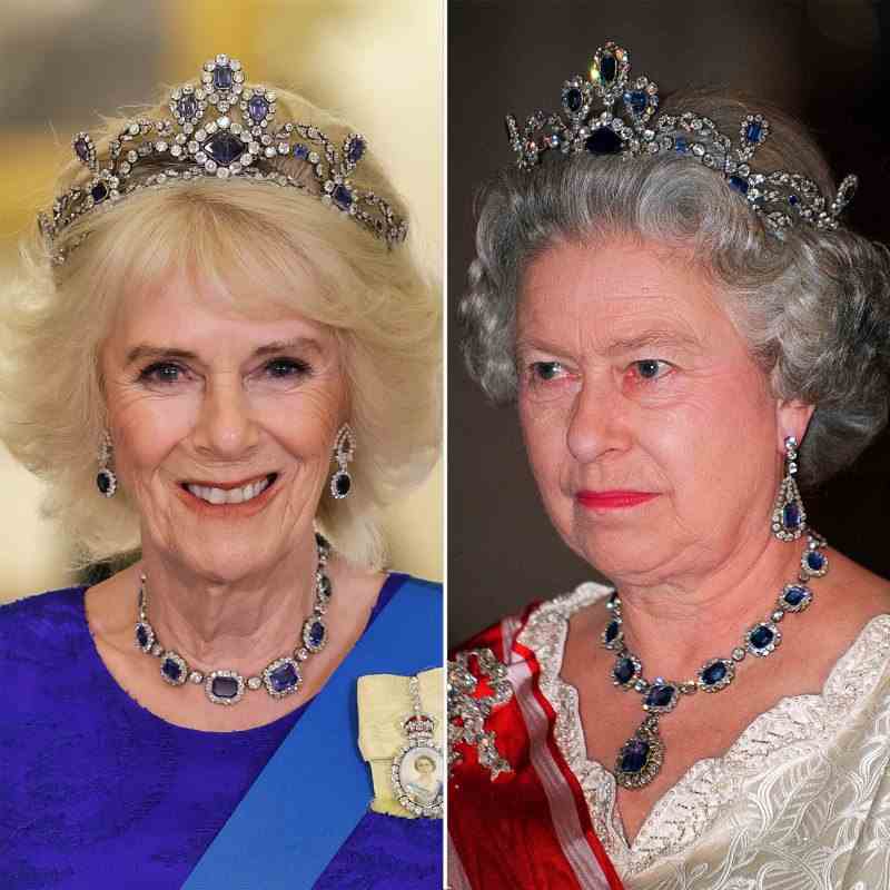 Queen Consort Camilla trägt zum ersten Mal Queen Elizabeths Sapphire Tiara beim Staatsbankett der Regierungszeit von König Charles 145