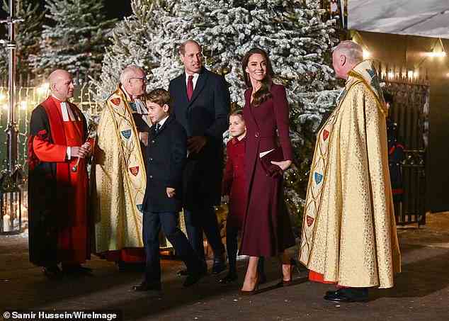 Prince George of Wales, William, Prince of Wales, Princess Charlotte of Wales, and Catherine, Princess of Wales depart from the 'Together at Christmas' Carol Service at Westminster Abbey