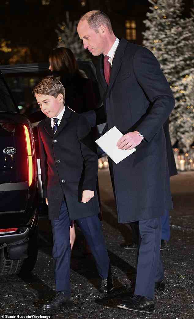 Prince George of Wales and William Prince of Wales depart the 'Together at Christmas' Carol Service at Westminster Abbey