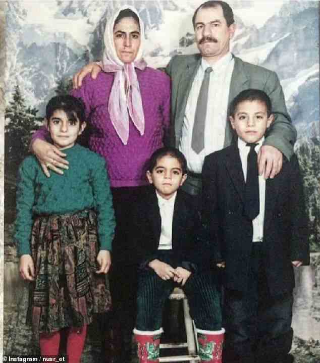 Nusret Gökçe (front right) shared this family photo on Instagram with his younger siblings and parents. The butcher's father Faik Gökçe (back right) worked as a miner and had five children