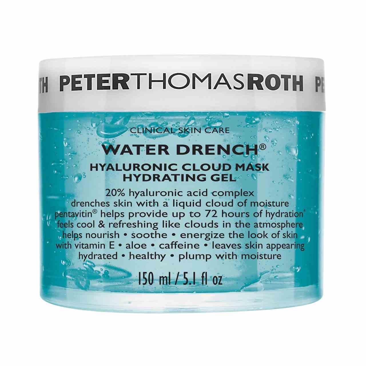Peter Thomas Roth Water Drench Hyaluronic Cloud Mask Hydrating Gel blaue Dose mit weißem Deckel auf weißem Hintergrund