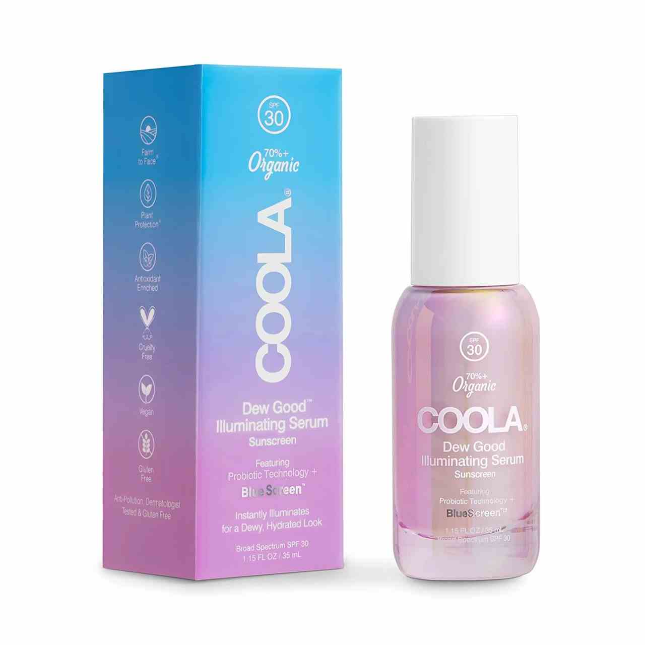 Coola Dew Good Illuminating Serum Sunscreen SPF 30 rosafarbene Flasche mit weißem Verschluss und Flasche mit Farbverlauf von blau nach lila auf weißem Hintergrund