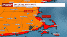 Eine Karte, die das Potenzial für starke Windböen in Boston, Massachusetts und Teilen von Neuengland zeigt, wenn am Freitag, den 23. Dezember 2022 ein Sturm die Region trifft.