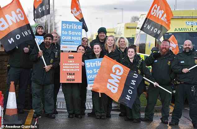 Striking Yorkshire Ambulance Service workers, all members of the GMB union, on the picket line outside Bradford Ambulance Station