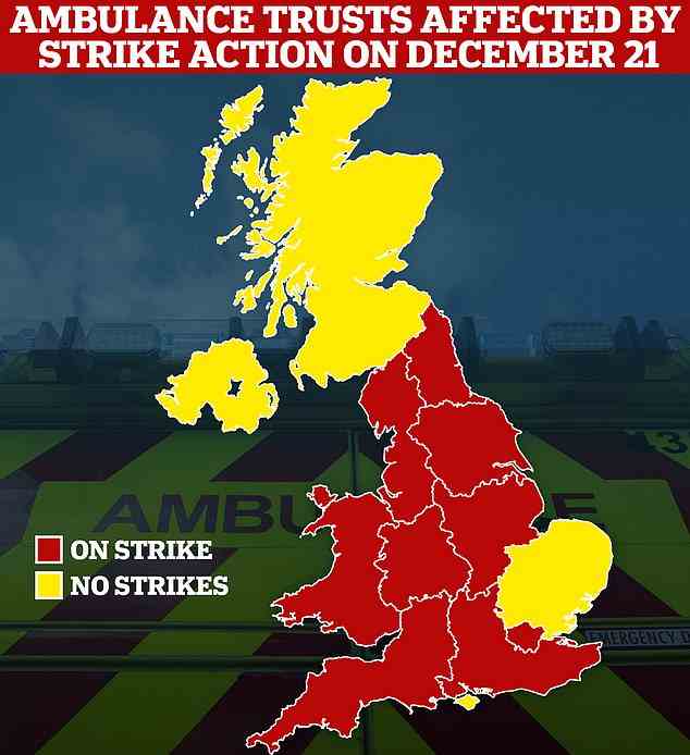 Staff at all but one of the ambulance trusts in England and Wales are walking out today. Only services in the east of England and the Isle of Wight will be unaffected. Staff in Scotland and Northern Ireland are also not taking part in the strike.