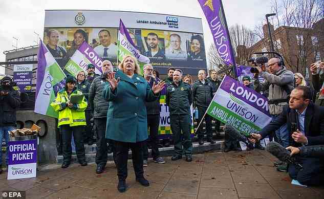 Christina McAnea, Unison General Secretary: Former Communist Party member Christina McAnea has come a long way since she was rejected from studying journalism, rising through the ranks of Unison to land the £120,000-a-year top job last year. She is pictured on the picket line in Waterloo, London