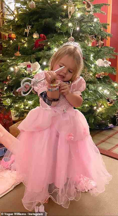 Cutie: Gigi was pretty in pink as she dressed as a Princess for Christmas