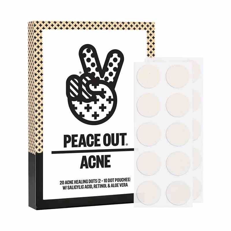 Eine Schachtel mit Pickelpflastern von Peace Out Acne Healing Dots auf weißem Hintergrund