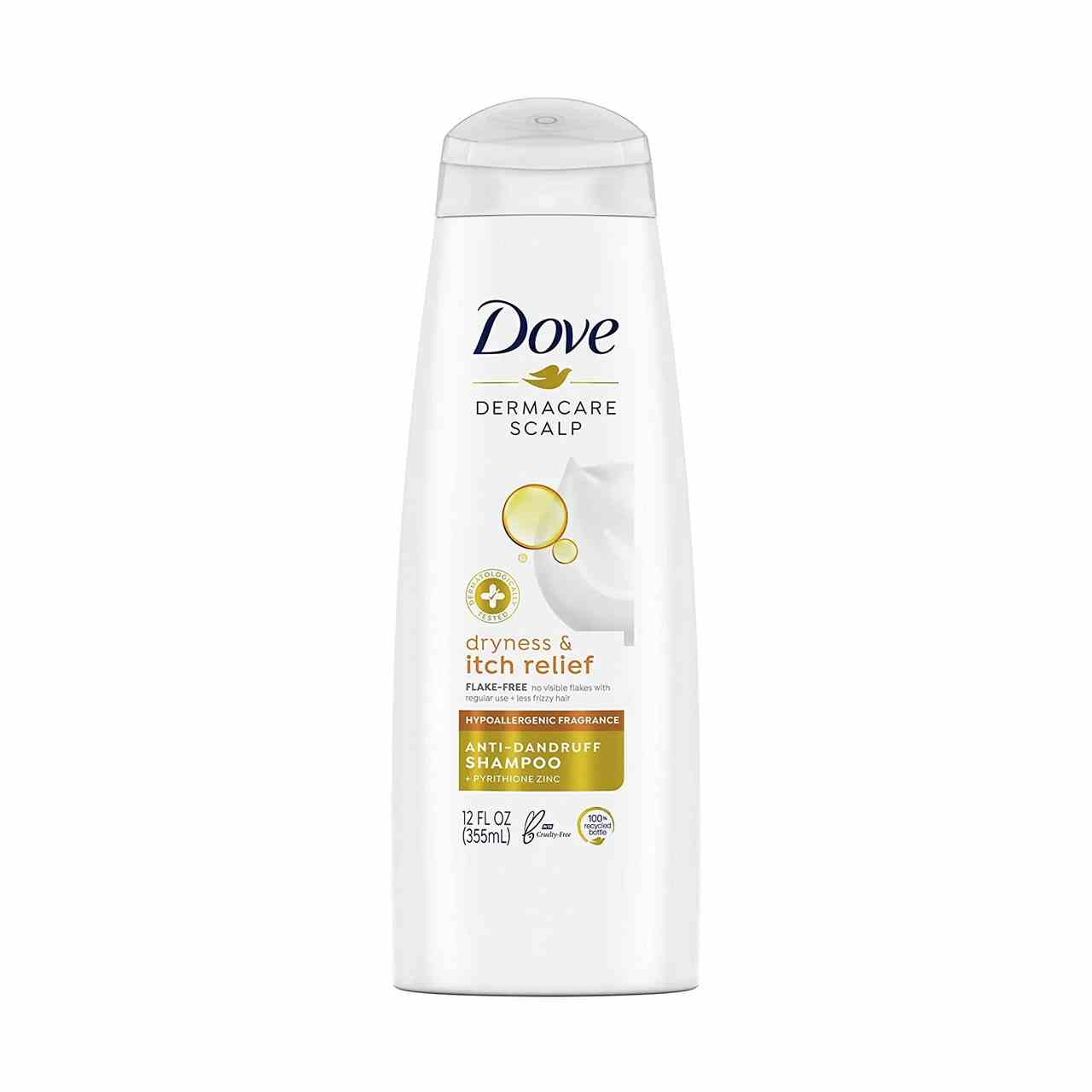 Dove DermaCare Scalp Dryness & Itch Relief Anti Dandruff Shampoo weiße Flasche auf weißem Hintergrund