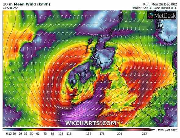 Um Mitternacht am Silvesterabend nehmen in der Irischen See Winde mit einer Höchstgeschwindigkeit von 109 km/h (67,7 mph) zu