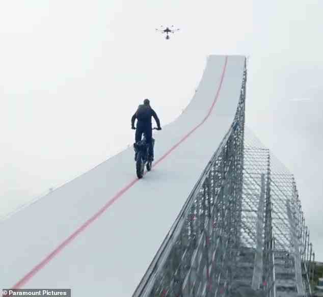 Drones were used to capture the footage as the actor made his way up a large ramp