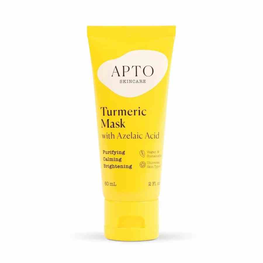 Gelbe Röhre der Apto Skincare Kurkuma-Maske auf weißem Hintergrund