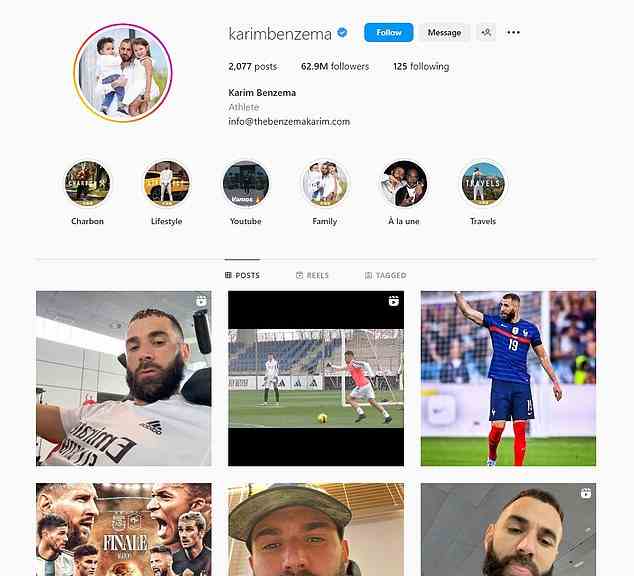 Benzemas Instagram-Seite vom 23. Dezember, wo er 125 Instagram-Konten folgt