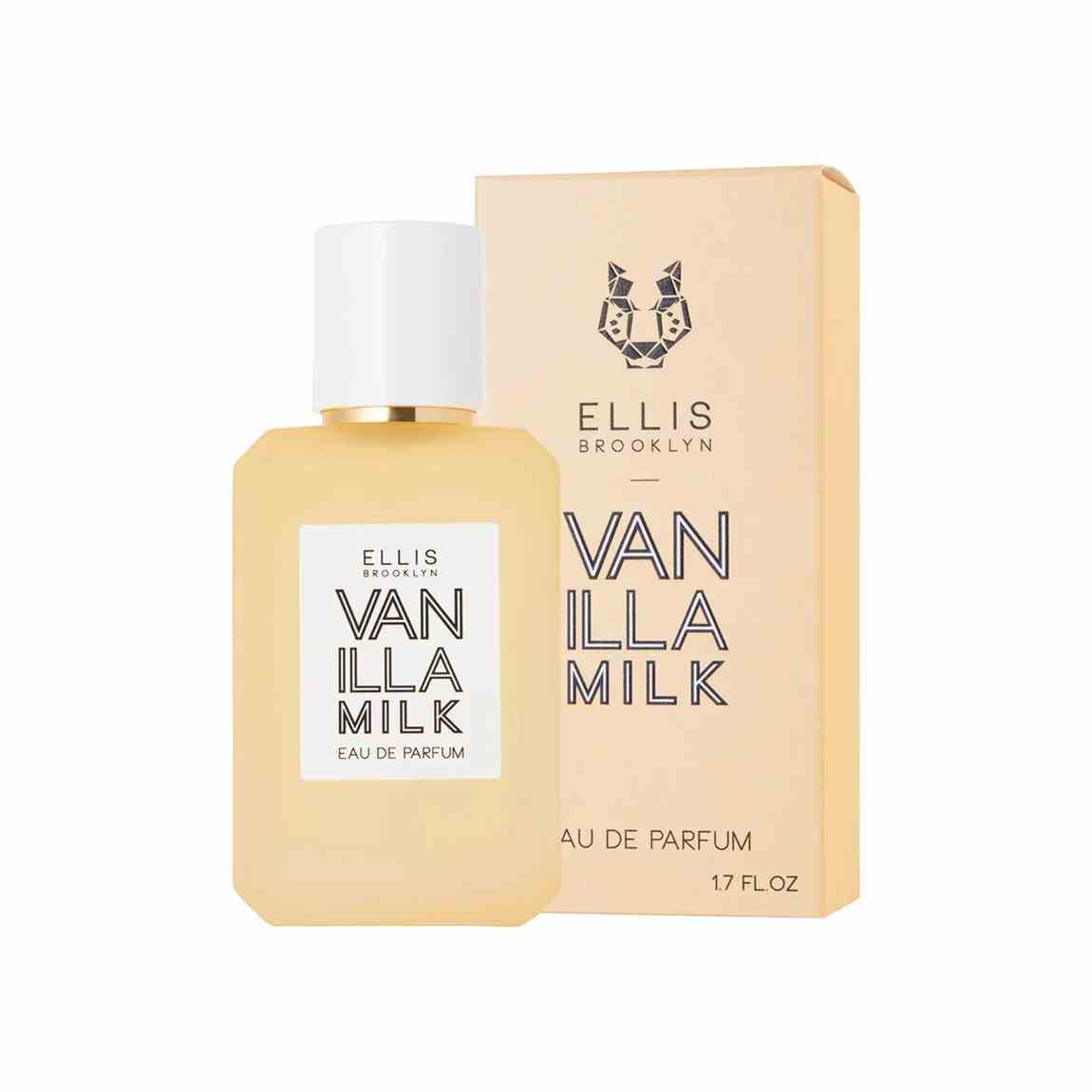 Vanilla Milk Eau de Parfum yellow bottle of perfume with yellow box on white background