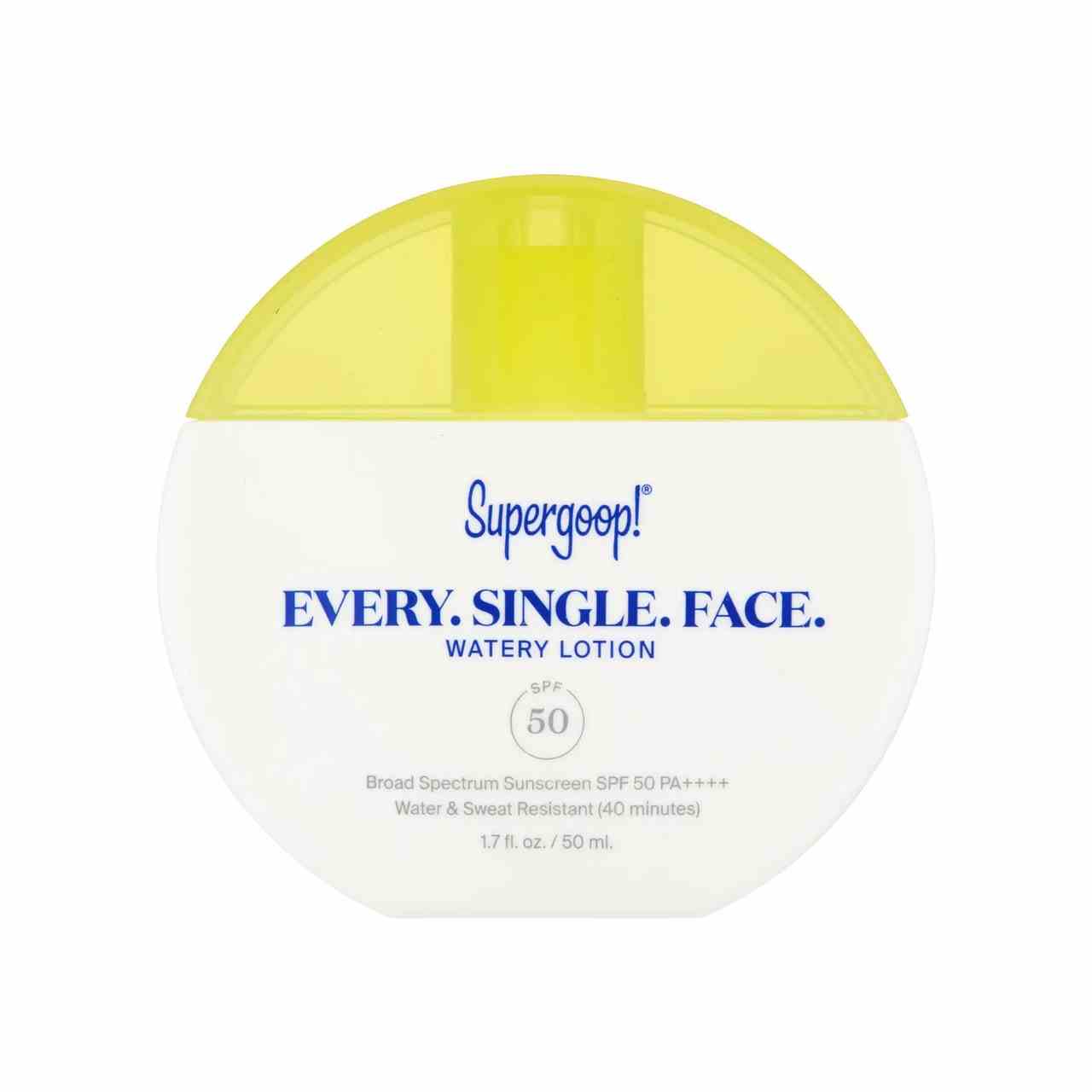 Supergoop! Every. Single. Face. Watery Lotion SPF 50 round white bottle with yellow lid on white background