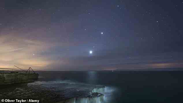 Alle Planeten werden Sternguckern auf der Nordhalbkugel als kleine Lichtpunkte am Nachthimmel erscheinen.  Im Bild: Venus, Mars und Jupiter richten sich im Sommer 2022 über der Isle of Portland in Dorset, Großbritannien, aus