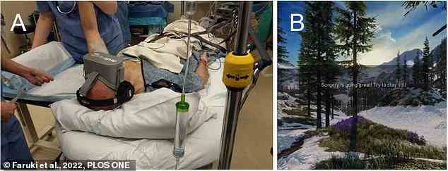Scientists at the Beth Israel Deaconess Medical Center in Massachusetts , USA found that surgery patients required less anaesthetic when experiencing VR. A: Image of a study patient using the VR equipment. B: Screenshot of a typical immersive environment with an example of text communication from study personnel