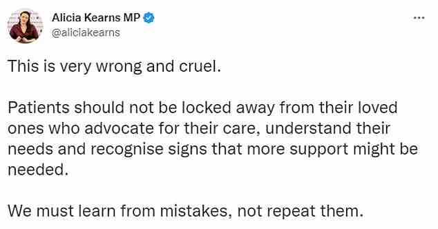 Der Schritt wurde von der Tory-Abgeordneten Alicia Kearns verurteilt, die sagte, es sei falsch und grausam, Patienten von ihren Angehörigen fernzuhalten