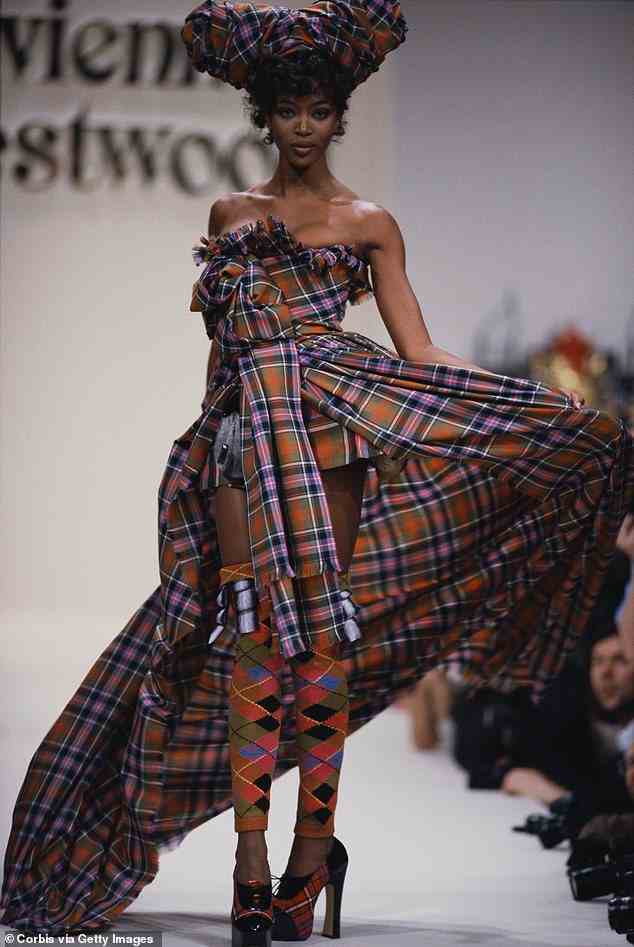 Suddenly, everyone wanted to be seen in a Westwood. Her designs were different, edgy, odd, but also beautiful and exquisitely made. Pictured: Naomi Campbell modelling a Vivienne Westwood ensemble
