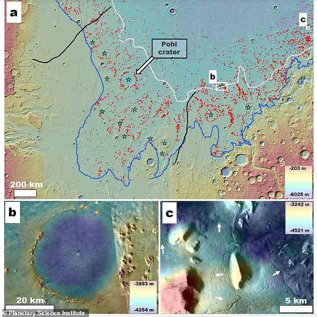 Theorie: Ein Mars-Megatsunami vor 3,4 Milliarden Jahren könnte von einem Asteroiden verursacht worden sein, der halb so groß wie der Kilimandscharo war und Wellen mit einer Höhe von bis zu 820 Fuß auslöste, wie neue Forschungsergebnisse vermuten lassen.  Die Bilder oben zeigen den möglichen Einschlagskrater namens Pohl, der einen Durchmesser von 68 Meilen hat