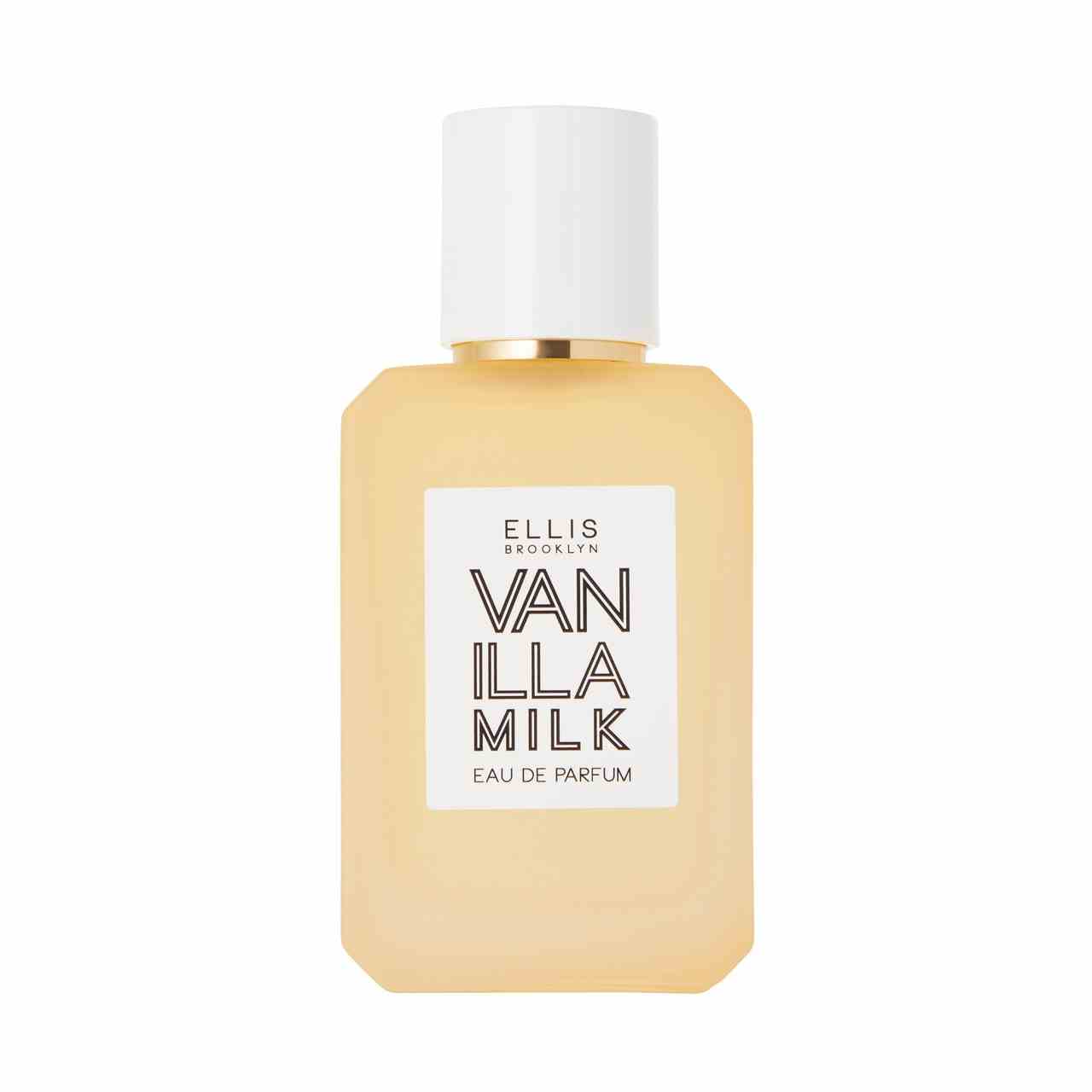 Ellis Brooklyn Vanilla Milk Eau de Parfum gelbe rechteckige Flasche mit weißem Deckel auf weißem Hintergrund