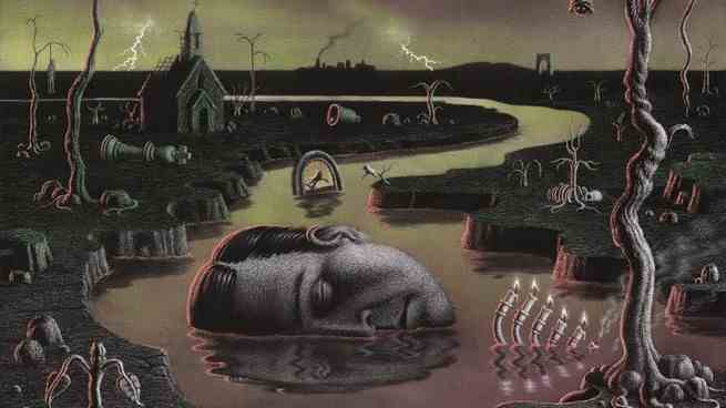Illustration der Apokalypse mit dem horizontalen Gesicht des Menschen, das halb im Fluss versunken ist