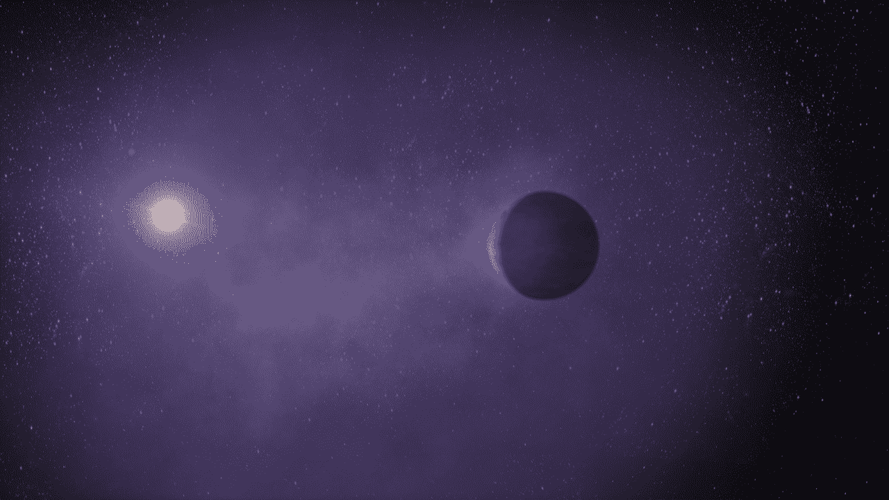 Felsiger Planet, umgeben von violettem Dunst und einem Stern in der Ferne links