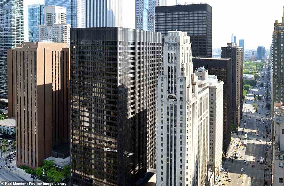 According to Maguire, the front facade of 333 North Michigan Avenue (pictured top in 1950) ‘is a good match for any of the other Art Deco skyscrapers constructed in Chicago starting in the late 1920s’. The 1928 building was the last of the four ‘majestic’ skyscrapers flanking the Michigan Avenue Bridge to be completed. Maguire says: ‘The city of Chicago passed its first zoning ordinance in 1923, in response to the proliferation of skyscrapers that citizens feared would rob the city of natural light.' According to the author, it's unclear whether this type of ordinance bore an influence on the city's skyscraper designs, but she notes that the setback design of Art Deco skyscrapers 'results in only a portion of the structure reaching its maximum height, as in the 35-story tower that fronts the building at 333 North Michigan'