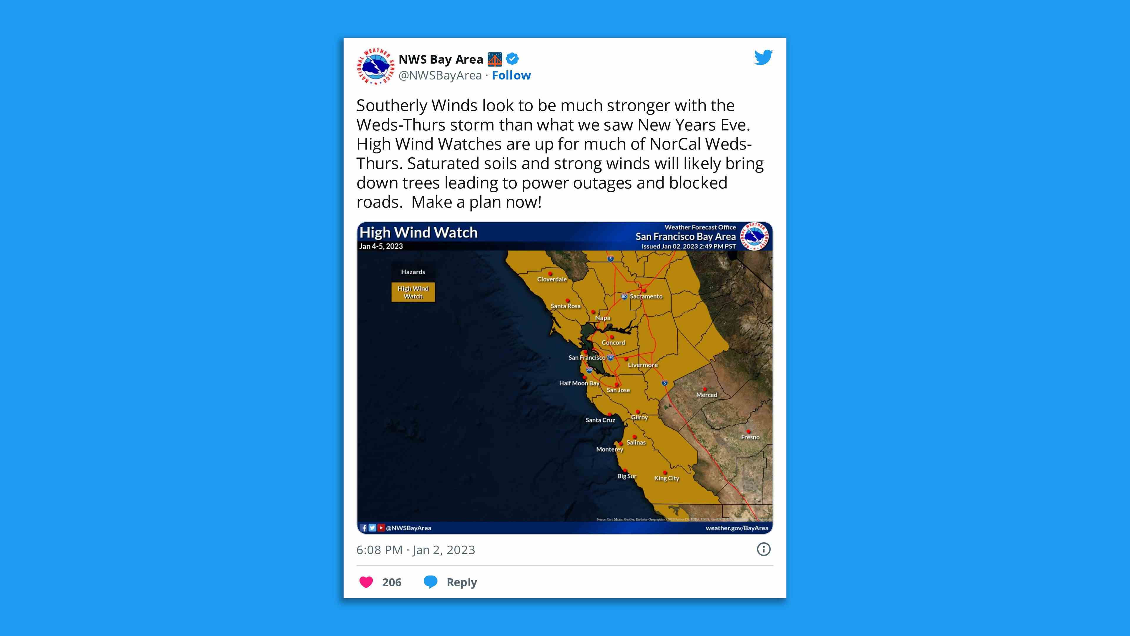 Ein Screenshot eines NWS Bay Area-Tweets, der vor starken Winden in der gesamten Region aufgrund des Sturms warnt.