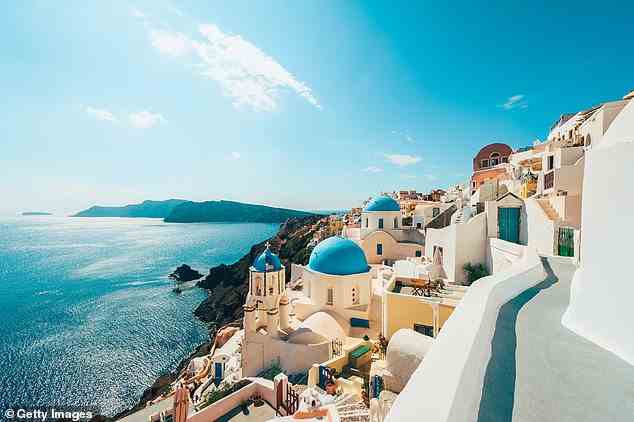 Genießen Sie die Aussicht: Stil und Bilderbuch-Sonnenuntergänge werden auf Santorini versprochen, abgebildet
