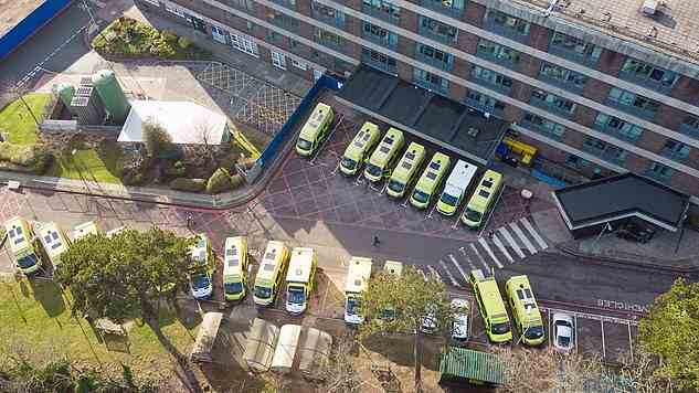 Ambulances wait outside Portsmouth Hospital yesterday due to shortages of rooms