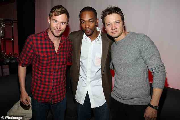 Renner starred in The Hurt Locker with Brian Geraghty (left) and  Anthony Mackie (center)