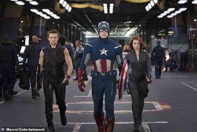 Hawkeye alongside Chris Evans' Captain America and Scarlett Johansson's Black Widow in 2011's The Avengers